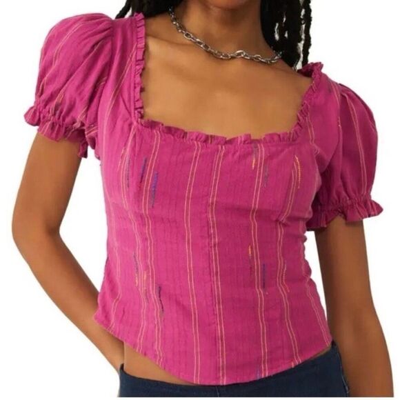 Free People Purple Serotonin Faux Corset Puff Sleeve Striped Top NWT Size Small - Picture 1 of 7